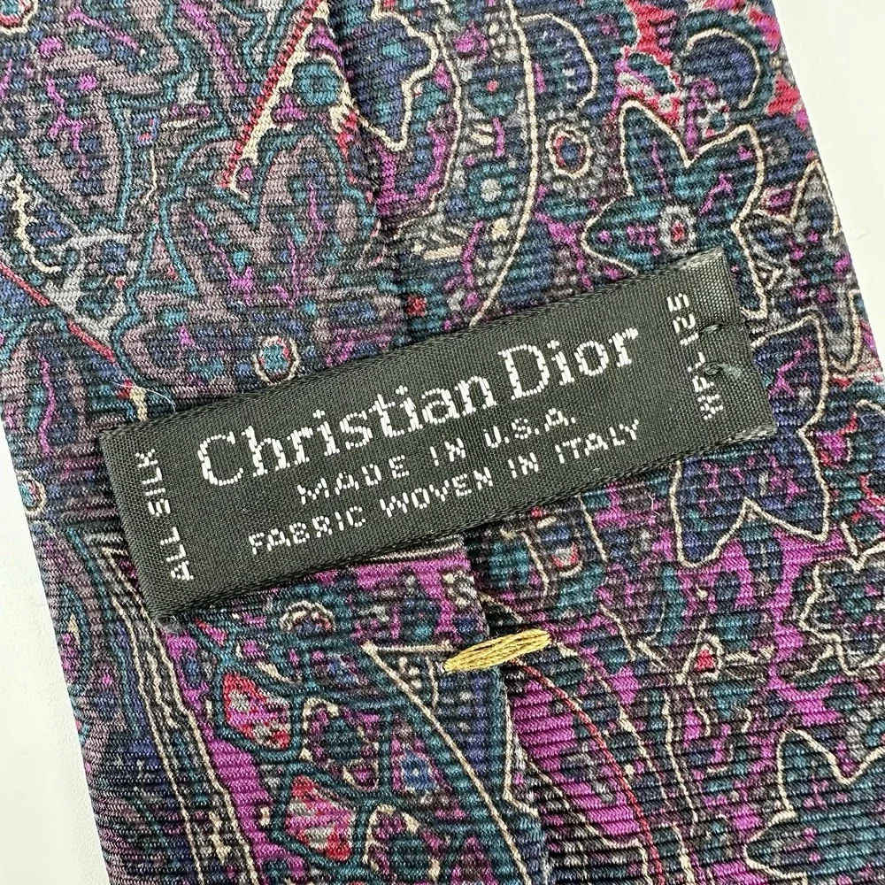 Christian Dior Mens Silk Tie Purple Blue Burgundy Paisley Made in USA 3.25
